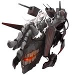  aircraft_carrier_water_oni armor armored_boots bare_shoulders black_dress black_gloves boots crossed_legs detached_sleeves dress frilled_dress frilled_sleeves frills full_body gloves hair_ornament high_heel_boots high_heels highres kantai_collection knee_boots long_hair machinery neckerchief pale_skin red_eyes ribbed_dress roong sailor_dress shinkaisei-kan short_dress simple_background solo thighhighs very_long_hair white_background white_hair white_skin zettai_ryouiki 