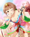  1girl areolae bare_shoulders breasts breasts_outside brown_eyes brown_hair character_request edited hair_ornament hime_cut idolmaster looking_at_viewer medium_breasts nipples nude nude_filter one_eye_closed open_clothes photoshop short_hair solo standing tongue tongue_out 
