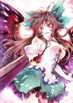  arm_cannon backlighting bird_wings bow breasts brown_hair hair_bow kanaria_(fuusenkazura) large_breasts long_hair looking_at_viewer open_mouth puffy_short_sleeves puffy_sleeves red_eyes reiuji_utsuho shirt short_sleeves skirt smile solo third_eye touhou weapon wings 