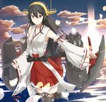  bare_shoulders black_hair brown_eyes cloud cloudy_sky cowboy_shot detached_sleeves frilled_skirt frills gen_(gen_7254) hair_ornament hairband haruna_(kantai_collection) headgear highres japanese_clothes jewelry kantai_collection lace lace-trimmed_thighhighs long_hair looking_at_viewer machinery nontraditional_miko ocean petals pleated_skirt red_skirt ribbon-trimmed_sleeves ribbon_trim ring skirt sky solo thighhighs wedding_band wide_sleeves zettai_ryouiki 