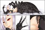  arachne black_bra bottomless bra carapace chin_rest claws close-up dakimakura extra_eyes insect_girl jing_li lavender_hair lying monster_girl monster_musume_no_iru_nichijou multiple_legs on_bed on_stomach pussy rachnera_arachnera red_eyes sexually_suggestive silk smile solid_eyes solo spider_girl spider_web third-party_edit third-party_watermark underwear watermark zooming_in 