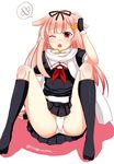  :o bangs black_legwear blush fangs fingerless_gloves gloves hair_flaps hair_ornament hair_ribbon hairclip kantai_collection long_hair messy_hair one_eye_closed panties pantyshot pantyshot_(sitting) pink_hair red_eyes remodel_(kantai_collection) ribbon scarf school_uniform serafuku sitting skirt socks solo sotogawa_max spoken_object twitter_username underwear white_panties yuudachi_(kantai_collection) 