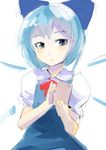  blue_dress blue_eyes blue_hair blush bow cellphone cirno dress hair_bow ice ice_wings phone puffy_short_sleeves puffy_sleeves self_shot shirt short_sleeves sinzan sketch solo touhou wings 