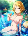  1girl aqua_eyes areolae blonde_hair blush breasts character_request edited idolmaster looking_at_viewer medium_breasts navel nipples nude nude_filter photoshop short_hair sitting smile solo wet 