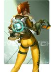  absurdres ass bodysuit brown_eyes brown_hair contrapposto goggles goggles_removed grin hand_on_hip highres logo looking_at_viewer looking_back orange_bodysuit overwatch short_hair signature smile solo standing takaya_lee tracer_(overwatch) wet wet_hair 