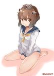  bangs bare_legs barefoot batatata77 bob_cut brown_eyes brown_hair collarbone full_body highres kantai_collection school_uniform serafuku short_hair simple_background sitting solo wariza white_background yukikaze_(kantai_collection) 