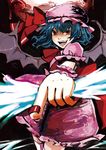  bat_wings blue_hair foreshortening hat moon open_mouth red_eyes red_moon remilia_scarlet ribbon short_hair smile solo syn touhou wings 