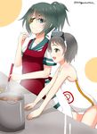  apron black_hair blue_eyes blue_hair brown_eyes cooking diving_mask diving_mask_on_head eyepatch kantai_collection kiso_(kantai_collection) ladle maru-yu_(kantai_collection) multiple_girls one-piece_swimsuit pot school_swimsuit school_uniform serafuku short_hair short_ponytail skirt sotogawa_max swimsuit white_school_swimsuit white_swimsuit 