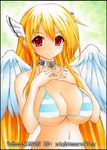  angel_wings astraea bikini bikini_top blonde_hair breasts chain cleavage collar gradient gradient_background hands_on_own_chest large_breasts long_hair looking_at_viewer marker_(medium) navel nightmare77zx red_eyes smile solo sora_no_otoshimono striped striped_bikini swimsuit traditional_media twintails wings 
