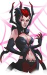  black_gloves black_hair breasts cleavage cowboy_shot cropped_legs elbow_gloves elise_(league_of_legends) gloves greenmarine grin helmet insect_girl league_of_legends lips medium_breasts multicolored_hair navel red_eyes red_hair short_hair shoulder_pads smile solo spider_girl two-tone_hair 