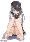  barefoot batatata77 blue_hair full_body hat hibiki_(kantai_collection) kantai_collection long_hair panties pantyshot pantyshot_(sitting) school_uniform serafuku simple_background sitting skirt solo underwear white_background 