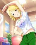  artist_request blonde_hair exercise green_eyes idolmaster idolmaster_cinderella_girls long_hair navel off_shoulder official_art shirt short_hair solo sweatband t-shirt umeki_otoha 