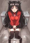  absurdres black_hair black_legwear black_skirt blue_eyes breasts fate/stay_night fate_(series) hair_ribbon highres long_hair medium_breasts open_mouth panties panty_pull ribbon sitting skirt solo thighhighs toilet toilet_paper toilet_use toosaka_rin two_side_up underwear wenhe 