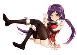  anz_(starry) blush boots breasts green_eyes idol large_breasts long_hair looking_at_viewer love_live! love_live!_school_idol_project purple_hair skirt smile solo sore_wa_bokutachi_no_kiseki toujou_nozomi twintails v 