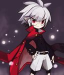  ahoge albino disgaea glasses grey_background jacket_on_shoulders kazamine_(stecca) makai_senki_disgaea_3 male_focus mao_(disgaea) messy_hair red_eyes shirt shorts smile solo standing white_hair 