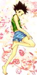  1boy barefoot child feet gon_freecss hunter_x_hunter looking_at_viewer male male_focus shirasubacio shirt shorts sleeveless sleeveless_shirt solo toes 