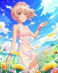  1girl blonde_hair blush breasts edited flower hair idolmaster idolmaster_cinderella_girls jougasaki_mika meadow nipples nude_filter panties photoshop ring see-through short_hair solo striped_panties 