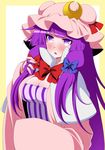  blush bow breasts cleavage eichi_yuu hair_bow hair_ribbon hat large_breasts long_hair looking_at_viewer mob_cap open_mouth patchouli_knowledge purple_eyes purple_hair ribbon solo touhou 