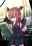  :o bat_wings book clipboard hair_between_eyes hashiro head_wings holding holding_book koakuma library long_hair long_sleeves necktie paper pointy_ears red_eyes red_hair skirt skirt_set solo touhou very_long_hair vest voile wings 