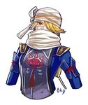  blonde_hair cropped_arms hair_over_one_eye no_legs okada_(hoooojicha) red_eyes scarf sheik solo tabard the_legend_of_zelda the_legend_of_zelda:_ocarina_of_time turban upper_body white_background zelda_musou 