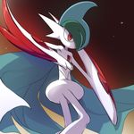  cape gallade gen_4_pokemon horns lowres mega_gallade mega_pokemon no_humans pokemon pokemon_(creature) red_eyes solo spikes utsugi_(skydream) walking weapon 