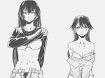  abs bai_lao_shu bite_mark bra breasts cleavage collarbone greyscale height_difference houshou_(kantai_collection) kantai_collection long_hair medium_breasts monochrome multiple_girls nagato_(kantai_collection) open_clothes size_difference underwear undressing 