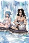  bandage curly_hair fairy_tail gajeel_redfox levy_mcgarden long_hair meditation messy_hair one_eye_open rock rusky scar shirtless tattoo water waterfall wet 