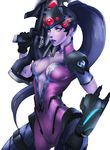  blue_hair bodysuit breasts center_opening gun head_mounted_display long_hair medium_breasts overwatch pink_bodysuit ponytail purple_skin rifle rodrigo_de_souza simple_background sniper_rifle solo visor weapon white_hair widowmaker_(overwatch) yellow_eyes 