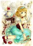  alice_margatroid alice_margatroid_(pc-98) ankleband apron bad_id bad_pixiv_id blonde_hair blue_dress blue_eyes blue_hairband book bow breasts capelet choker collarbone corset dress flower frilled_dress frilled_shirt frills hairband jar keiko_(mitakarawa) large_bow light_smile maid_apron mannequin medium_breasts needle open_book puffy_short_sleeves puffy_sleeves scissors sewing_machine sewing_needle shirt short_hair short_sleeves sitting solo symbol thread touhou touhou_(pc-98) wariza wrist_cuffs 