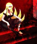  bare_shoulders blonde_hair breasts cleavage dress elbow_gloves gloves highres kiss-shot_acerola-orion_heart-under-blade large_breasts long_hair monogatari_(series) otsumami_(otsu-mugi) pantyhose pointy_ears solo torn_clothes torn_dress torn_legwear yellow_eyes 
