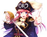  :d ascot belt blue_eyes coat epaulettes hat index_finger_raised katou_marika long_hair looking_at_viewer miniskirt_pirates open_mouth pink_hair pirate_hat ponkichi_(hazama_senkonmeiraku) smile solo sword v-shaped_eyebrows weapon white_background 