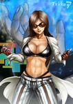  abs bangs black_bra black_panties bra breasts brown_hair cleavage highleg highleg_panties katarina_alves large_breasts lips long_hair midriff navel open_clothes open_shirt oreoreon panties pants parted_bangs shirt solo striped tattoo tekken tekken_7 underwear vertical_stripes 