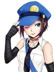  adjusting_clothes adjusting_hat black_hair blue_eyes collar elbow_gloves fingerless_gloves gloves hat kadokura_sion marie_(persona_4) necktie one_eye_closed persona persona_4 persona_4_the_golden solo tongue tongue_out 