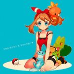  bandana bare_shoulders bike_shorts blue_eyes brown_hair gen_3_pokemon haruka_(pokemon) kneeling mudkip nns146 poke_ball pokemon pokemon_(creature) pokemon_(game) pokemon_oras torchic treecko 