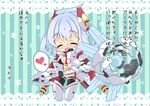  ^_^ ahoge breasts chibi closed_eyes comic edea_cluster hair_ornament holding large_breasts matoi_(pso2) milkpanda navel phantasy_star phantasy_star_online_2 silver_hair smile solo staff translation_request 