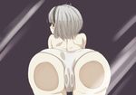  1girl against_glass against_screen ass ass_press b3b back bare_shoulders bent_over blush brown_eyes female fourth_wall from_behind grey_hair hair_ribbon hairband highres huge_ass konpaku_youmu leaning leaning_forward looking_back panties ribbon short_hair solo topless touhou underwear 
