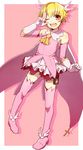  blonde_hair boots child_gilgamesh cosplay crossdressing elbow_gloves fate/hollow_ataraxia fate/kaleid_liner_prisma_illya fate_(series) feathers gilgamesh gloves hair_feathers magical_girl male_focus otoko_no_ko pink_footwear prisma_illya prisma_illya_(cosplay) red_eyes ruchi solo thigh_boots thighhighs younger 