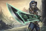  alternate_costume armor breasts brown_eyes cowboy_shot fighting_stance foreshortening glowing glowing_sword glowing_weapon hood league_of_legends medium_breasts parted_lips penator redeemed_riven riven_(league_of_legends) ruins shoulder_pads signature silver_hair solo thighhighs weapon 