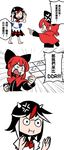 3koma anger_vein black_bow black_hair bow capelet chinese closed_eyes comic commentary dance_dance_revolution directional_arrow dress emphasis_lines hair_bow highres horns kijin_seija long_sleeves multicolored_hair multiple_girls open_mouth pointing puffy_short_sleeves puffy_sleeves red_bow red_hair sekibanki short_hair short_sleeves simple_background tongue tongue_out touhou translated white_background white_hair zassou_maruko 