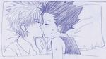  2boys blush child gon_freecss hunter_x_hunter killua_zoldyck kiss male male_focus monochrome multiple_boys shirasubacio sweat yaoi 