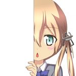  anchor_hair_ornament blonde_hair blue_eyes blush bow bowtie chestnut_mouth collared_shirt cosplay eyebrows_visible_through_hair gekkan_shoujo_nozaki-kun hair_ornament hiding kantai_collection looking_at_viewer nagineko open_mouth ozawa_ari peeking_out prinz_eugen_(kantai_collection) rouman_academy_uniform sakura_chiyo sakura_chiyo_(cosplay) school_uniform seiyuu_connection shirt solo transparent_background twintails 