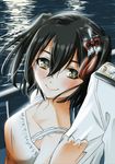  admiral_(kantai_collection) black_hair blush brown_eyes camisole collarbone hair_ornament kantai_collection looking_at_viewer sendai_(kantai_collection) short_hair smile sogabe_toshinori solo_focus two_side_up upper_body water 