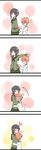  1girl 4koma black_hair blush blush_stickers braid clothes_grab comic full-face_blush grey_eyes hands_in_pockets heart highres hiromochi_jin hug jewelry kantai_collection kitakami_(kantai_collection) little_boy_admiral_(kantai_collection) md5_mismatch orange_hair ring silent_comic skirt uniform wedding_band yellow_eyes 