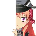  blush bow cosplay eyebrows_visible_through_hair gekkan_shoujo_nozaki-kun hair_ribbon hat hiding kantai_collection long_hair looking_at_viewer military military_uniform nagineko orange_hair ozawa_ari peaked_cap peeking_out polka_dot polka_dot_bow prinz_eugen_(kantai_collection) prinz_eugen_(kantai_collection)_(cosplay) purple_eyes ribbon sakura_chiyo seiyuu_connection solo transparent_background triangle_mouth uniform 