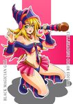  amulet bare_shoulders blonde_hair blue_footwear boots breasts dark_magician_girl doctorzexxck duel_monster hat knee_boots large_breasts long_hair revealing_clothes showgirl_skirt solo squatting staff underboob wizard_hat yuu-gi-ou yuu-gi-ou_duel_monsters 