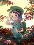  autumn_leaves backpack bag black_hair blue_eyes hair_bobbles hair_ornament hat kawashiro_nitori leaf looking_at_viewer partially_submerged plant sad_smile sakitsurumura shirt short_hair short_sleeves solo tears touhou water 