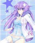  absurdres blue_eyes blue_panties breasts bubble hair_ornament highres hood hoodie long_hair medium_breasts neptune_(series) no_pants panties purple_hair purple_heart shishin_(shishintei) solo star striped striped_panties thighhighs underwear white_legwear 