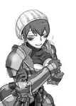  armor blush breasts cleavage covering covering_breasts facepaint gloves greyscale hat medium_breasts monochrome non-web_source senjou_no_valkyria senjou_no_valkyria_1 shindou_l shirt_lift short_hair shoulder_pads sketch smile solo sweat sweatdrop wendy_cheslock 