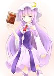  adapted_costume alternate_costume blush book breasts crescent dress hat inyuppo long_hair medium_breasts patchouli_knowledge purple_eyes purple_hair solo thighhighs touhou 