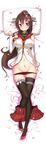  blush boqboq breasts brown_hair highres kantai_collection large_breasts long_hair looking_at_viewer lying miniskirt navel on_back pleated_skirt purple_eyes skirt solo thighhighs yamato_(kantai_collection) 